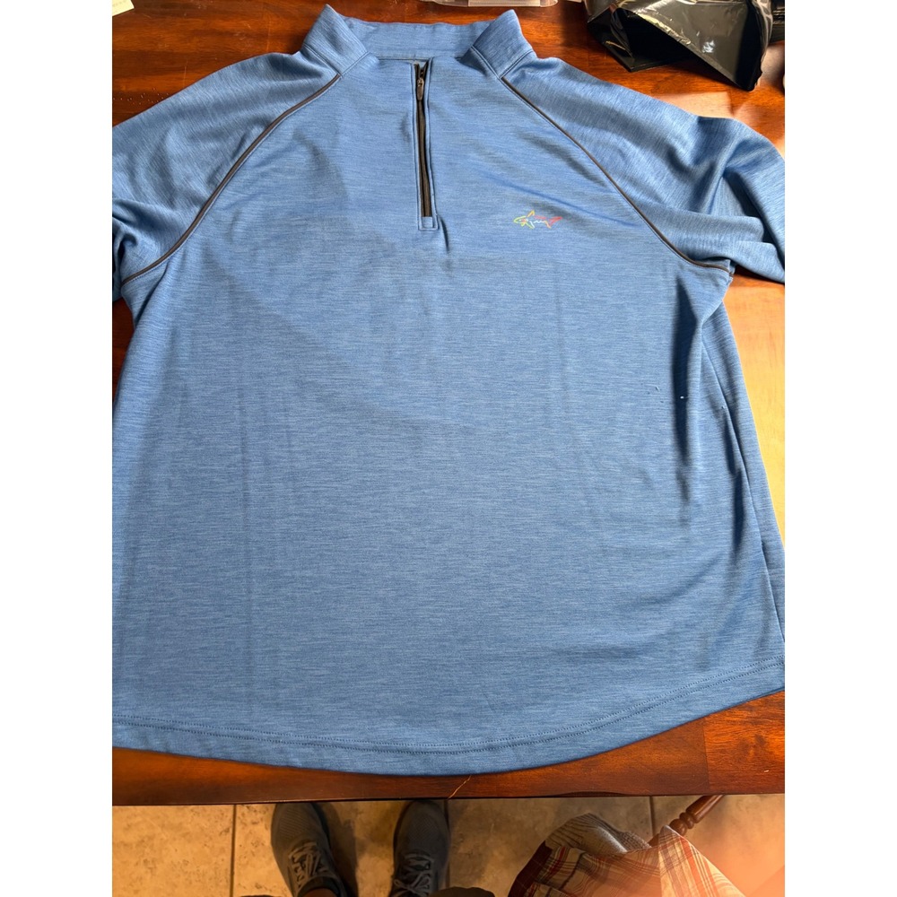 Greg Norman Play Dry Mens XL Blue Heathered Quarter Zip Golf Pullover Shark Logo